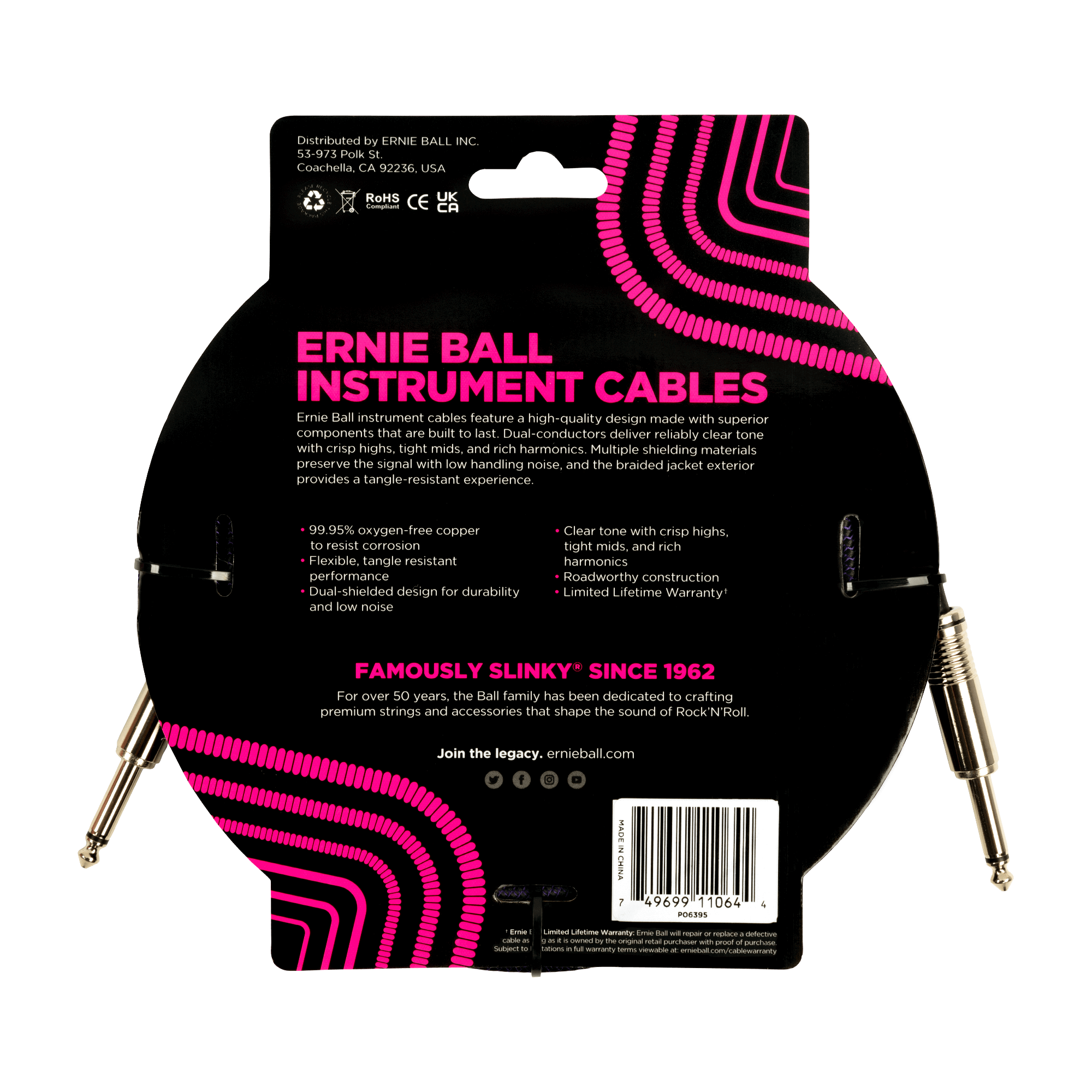 Ernie Ball - Cable de Audio Recto/Recto, Tamaño: 5.486 Mts., Color: Morado/Negro Mod.6395_21