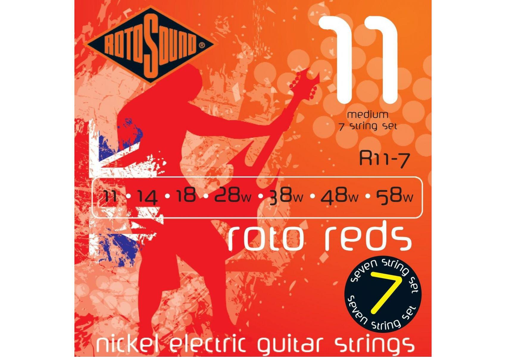 Rotosound - Encordadura 7 Cuerdas Niquel Medium Roto Reds 11-58 para Guitarra Electrica Mod.R11-7_418