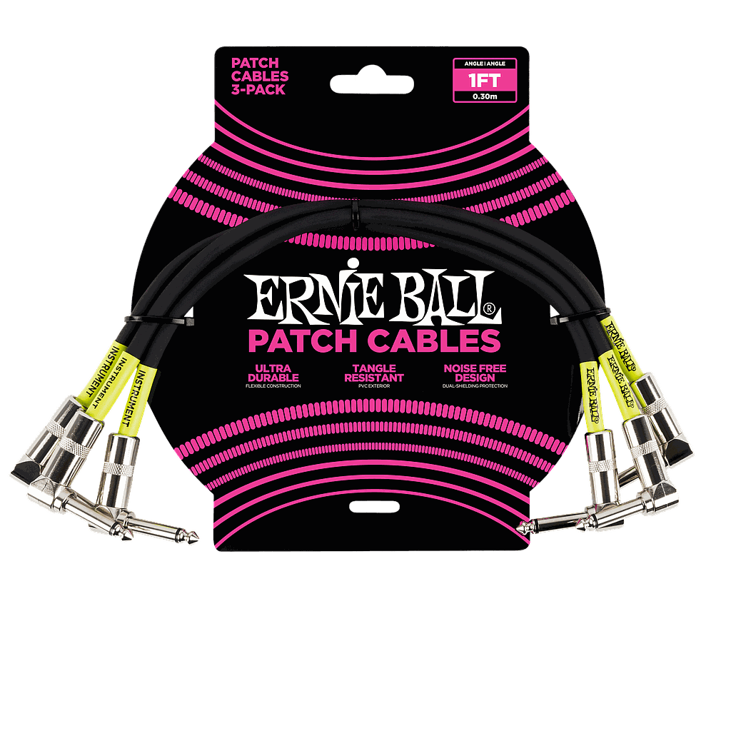 Ernie Ball - 3 Cables de 0.30 mts., Color: Negro Ang./Ang. Mod.6075