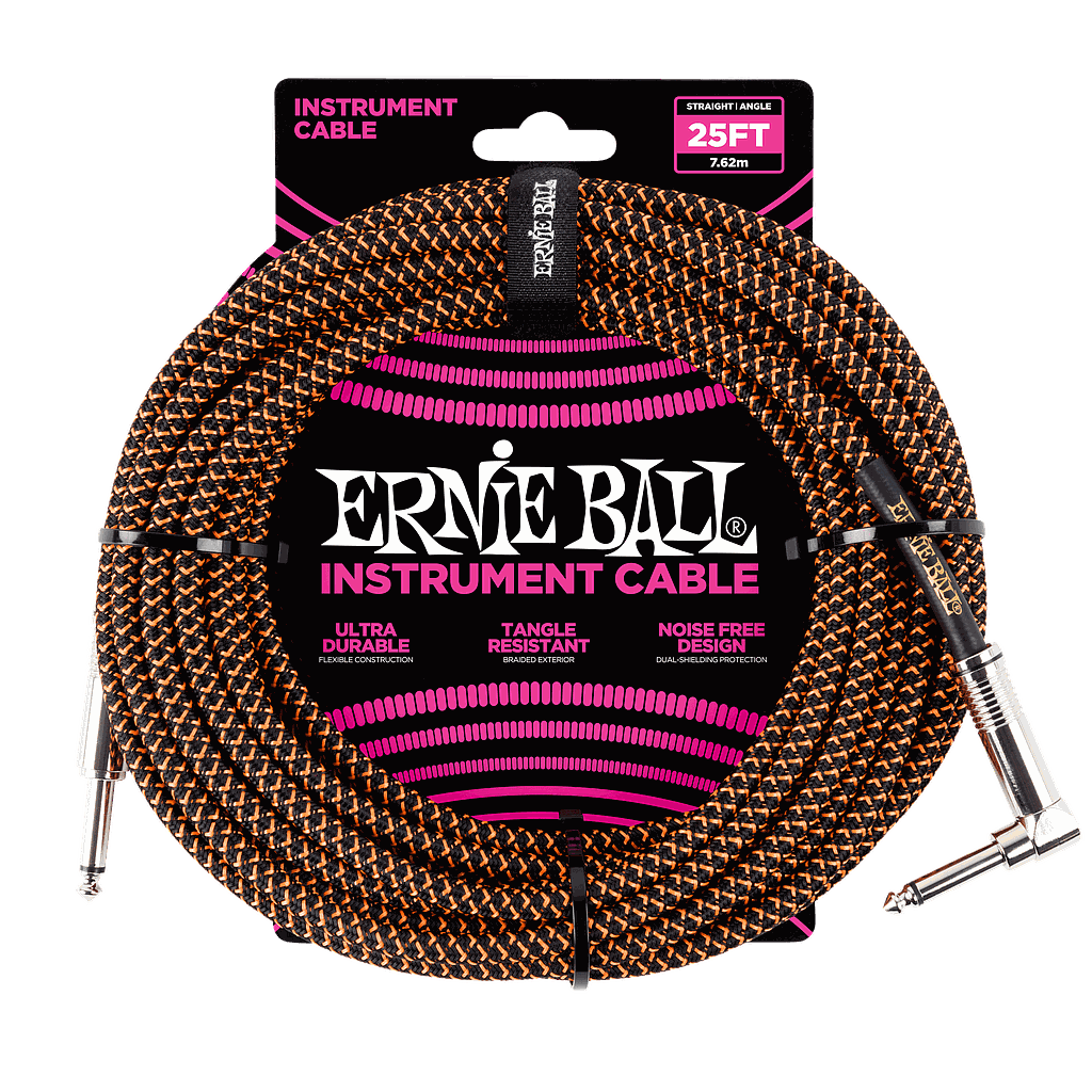 Ernie Ball - Cable Recubierto para Instrumento de 7.62 mts., Color: Negro/Naranja Neon Ang./ Rec. Mod.6064