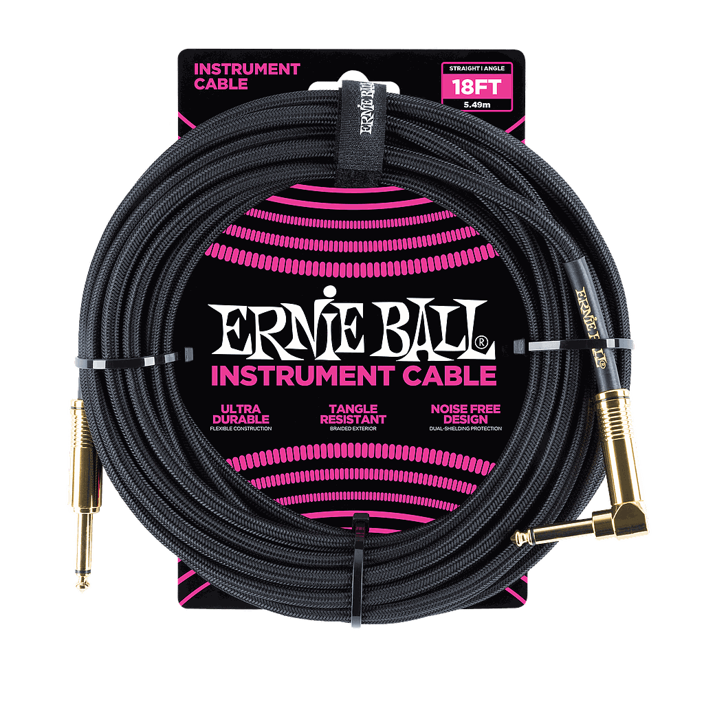 Ernie Ball - Cable para Instrumento, Color: Negro Tamaño: 5.49 mts. Recto/Angulado Mod.6086