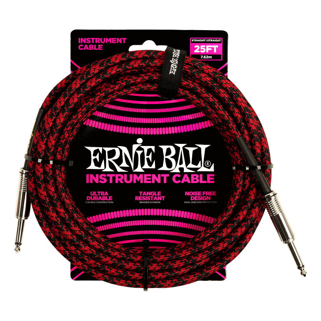 Ernie Ball - Cable de Audio Recto/Recto, Tamaño: 7.620 Mts., Color: Rojo/Negro Mod.6398