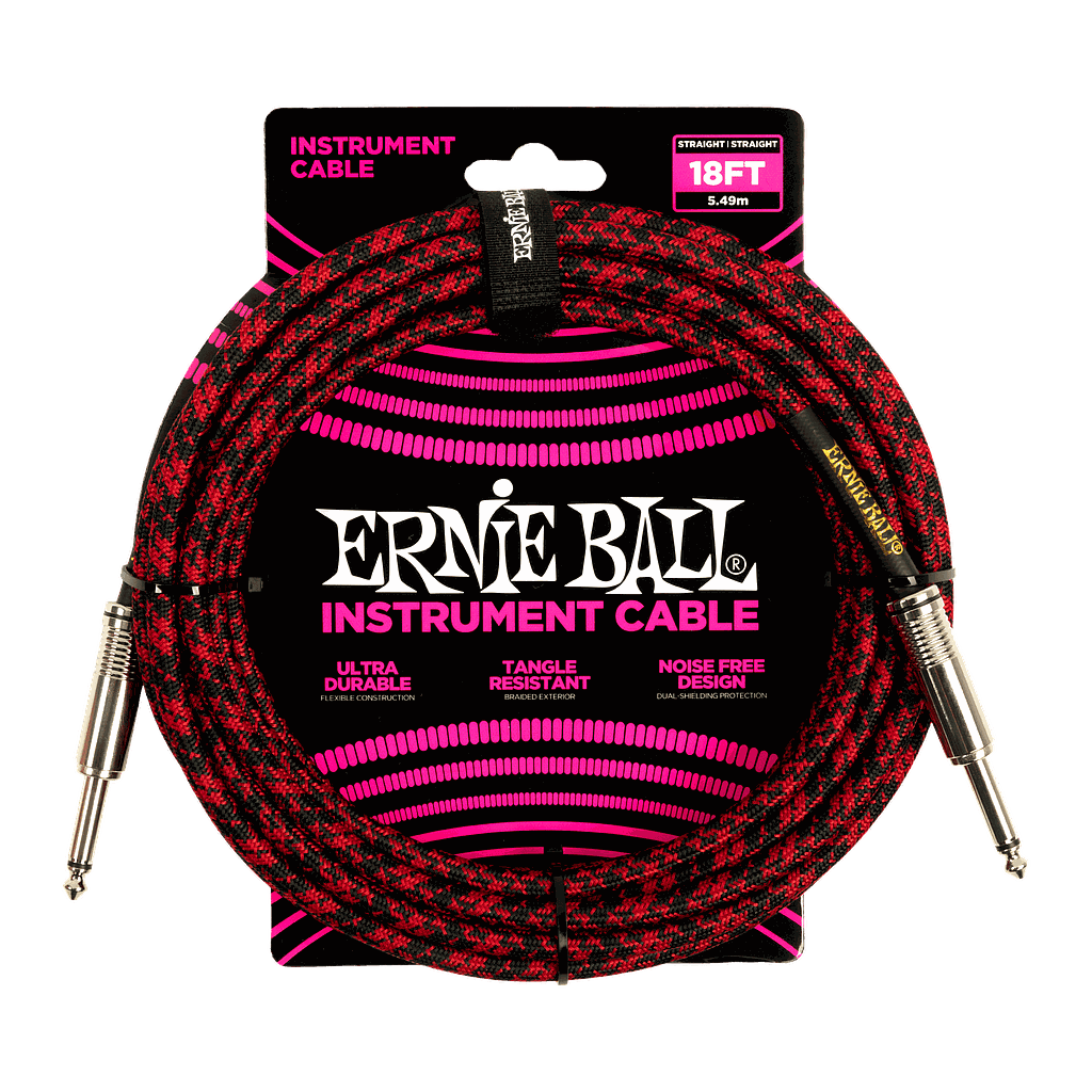 Ernie Ball - Cable de Audio Recto/Recto, Tamaño: 5.486 Mts., Color: Rojo/Negro Mod.6396