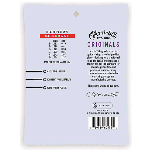 Martin - Encordado Originals Series para Guitarra Acústica, Light 12-54 Mod.M140_16